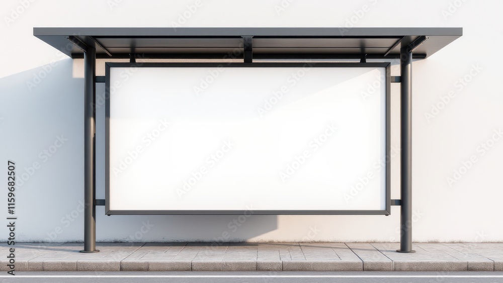 Billboard mockup at a bus stop with a blank white space, ideal for displaying promotional banners and creative advertisements. Billboard mockup at a bus stop with a blank white space, ideal for displaying promotional banners and creative advertisements.