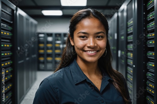 Close portrait of a smiling young Marshallese female IT worker looking at the camera, against dark server room blurred background. photo