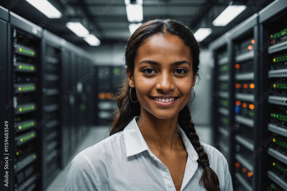 Fototapeta premium Close portrait of a smiling young Mauritanian female IT worker looking at the camera, against dark server room blurred background.