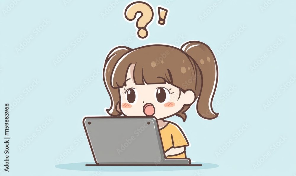 Cute Japanese Girl with Open Mouth and Question Mark Above, Sitting in Front of Laptop in Hand-Drawn Style with Bold Outlines and Flat Colors. Cute Japanese Girl with Open Mouth and Question Mark Above, Sitting in Front of Laptop in Hand-Drawn Style with Bold Outlines and Flat Colors.
