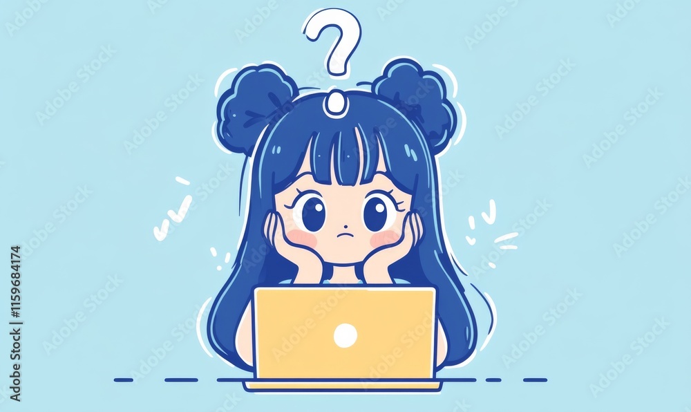 Cute Japanese Girl with Open Mouth and Question Mark Above, Sitting in Front of Laptop in Hand-Drawn Style with Bold Outlines and Flat Colors. Cute Japanese Girl with Open Mouth and Question Mark Above, Sitting in Front of Laptop in Hand-Drawn Style with Bold Outlines and Flat Colors.