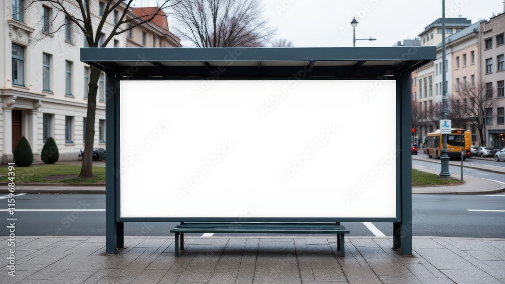 Bus stop with a blank white billboard, perfect for showcasing custom banner advertisements in an urban environment. Bus stop with a blank white billboard, perfect for showcasing custom banner advertisements in an urban environment.