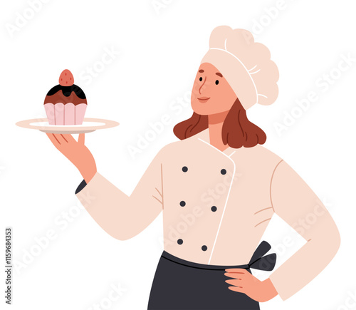 A girl chef confectioner holds a cake on a plate.