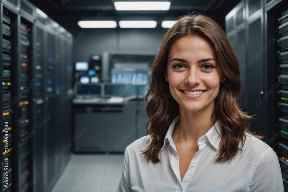 Fototapeta premium Close portrait of a smiling young Montenegrin female IT worker looking at the camera, against dark server room blurred background.