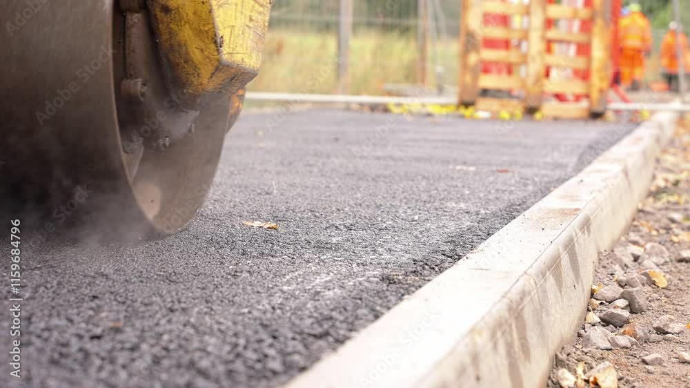 Construction workers complete a new asphalt pathway in a community area during autumn Construction workers complete a new asphalt pathway in a community area during autumn