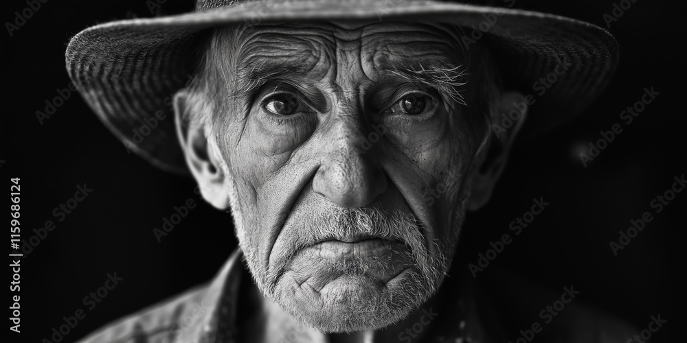 A portrait of an elderly man with expressive eyes and a hat. A portrait of an elderly man with expressive eyes and a hat.