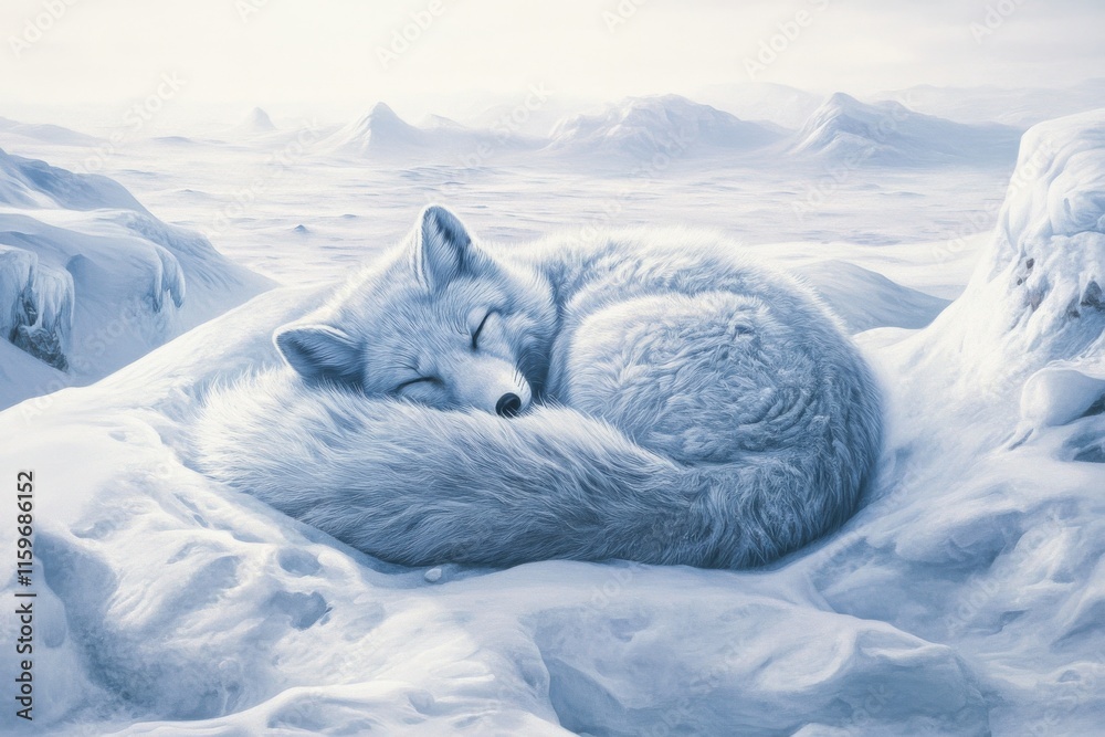 Arctic fox sleeping in snowy terrain under soft light Arctic fox sleeping in snowy terrain under soft light