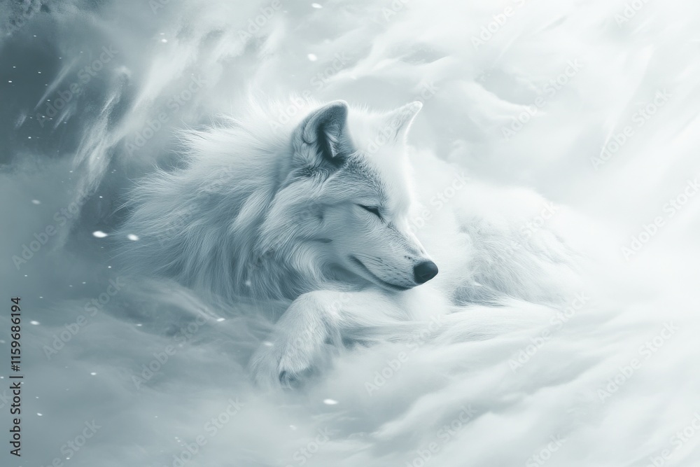 Arctic wolf rests in snowy blizzard cinematic composition Arctic wolf rests in snowy blizzard cinematic composition