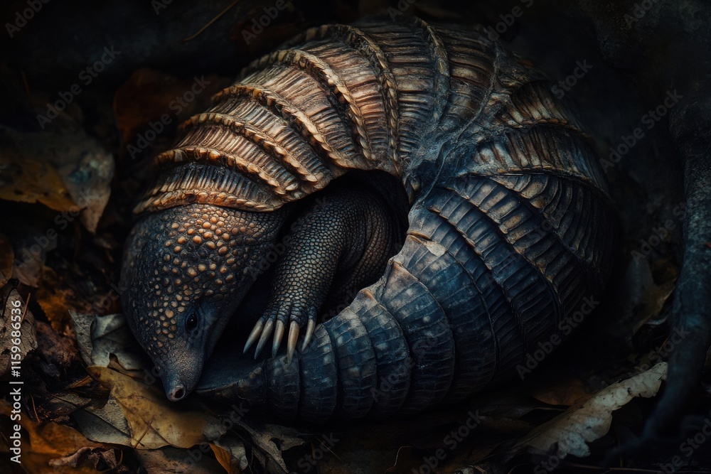 Obraz premium Detailed closeup of armadillos defensive posture in dramatic lighting
