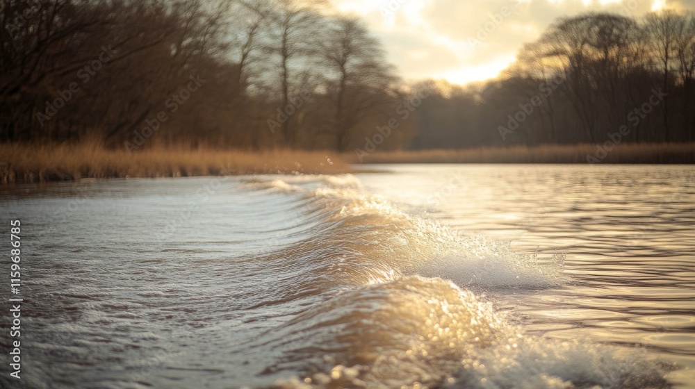 Fototapeta premium Golden Sunset Wake On Calm River Water