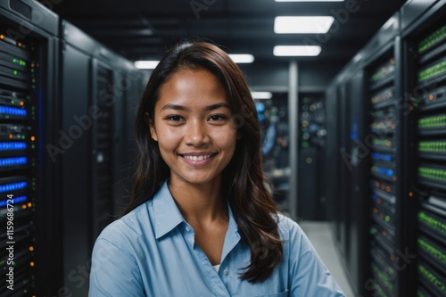 Close portrait of a smiling young Palauan female IT worker looking at the camera, against dark server room blurred background. photo