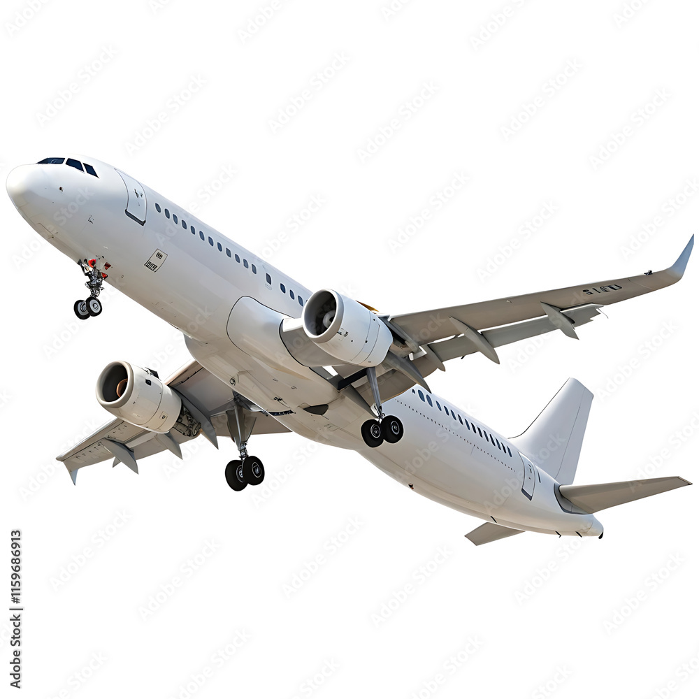 Obraz premium Travel concept white commercial airplane in dynamic ascent isolated on Transparent Background