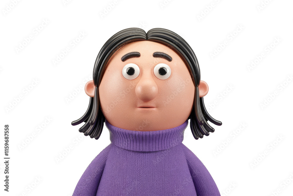 A 3D rendered cartoon girl with dark hair and a purple turtleneck sweater, looking slightly concerned. background removed A 3D rendered cartoon girl with dark hair and a purple turtleneck sweater, looking slightly concerned. background removed