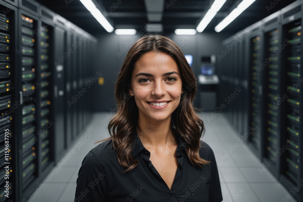 Fototapeta premium Close portrait of a smiling young Portuguese female IT worker looking at the camera, against dark server room blurred background.