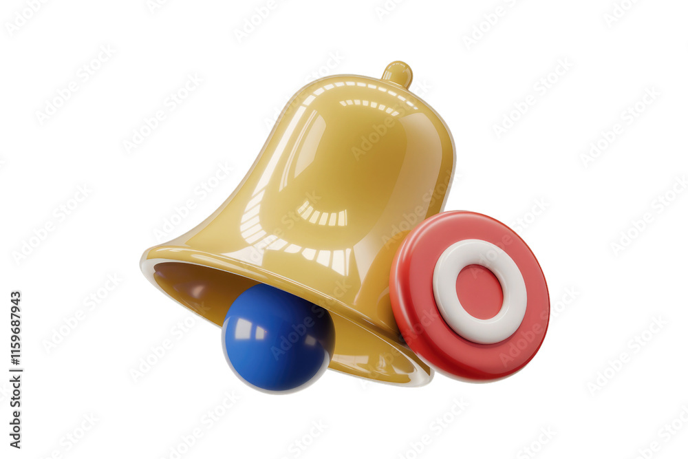 Fototapeta premium 3D render of a golden bell with blue and red balls, representing notifications or alerts. background removed
