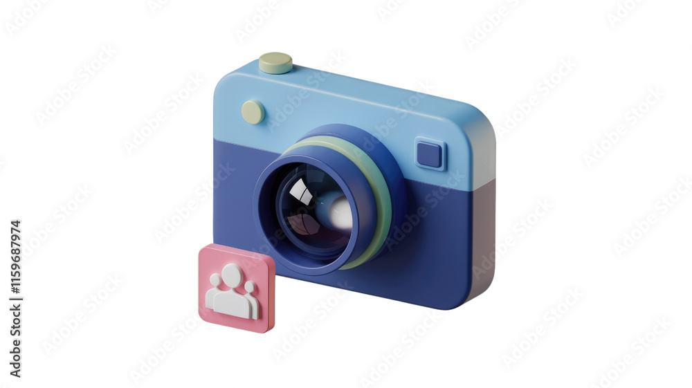3D cartoon camera icon with group of people symbol, indicating social media photography. background removed