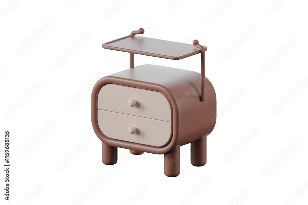 A 3D rendered image of a cute, minimalist bedside table with two drawers and a small top shelf. background removed A 3D rendered image of a cute, minimalist bedside table with two drawers and a small top shelf. background removed