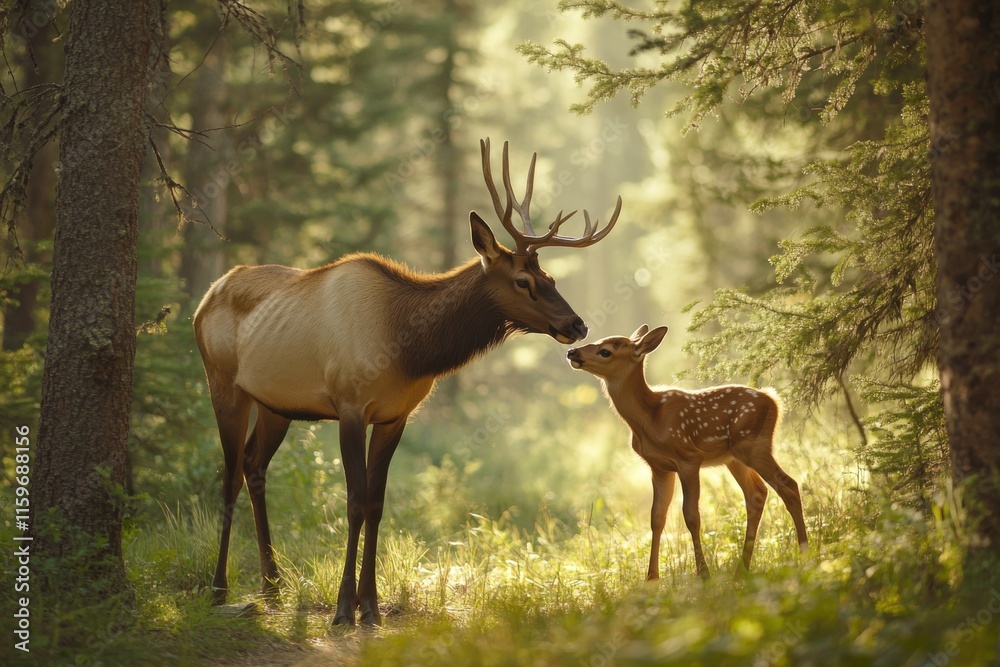 Elk calf playing with mother in forest clearing scene Elk calf playing with mother in forest clearing scene