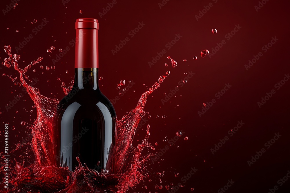 Fototapeta premium red wine bottle with splash of red wine from the back, dark red background ,blank wine label 