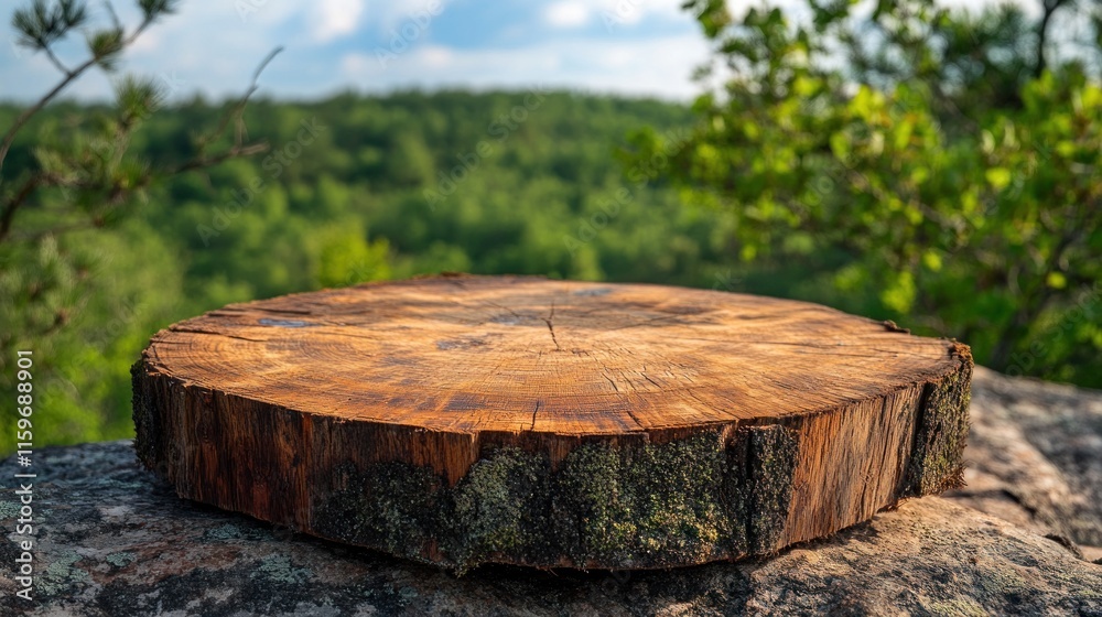Wooden slice on rock with forest background. Wooden slice on rock with forest background.