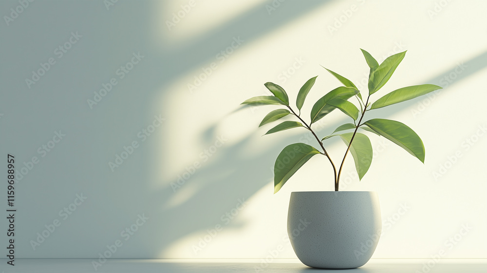 自然光を強調した白背景での小さな観葉植物と陶器の鉢の写真 自然光を強調した白背景での小さな観葉植物と陶器の鉢の写真