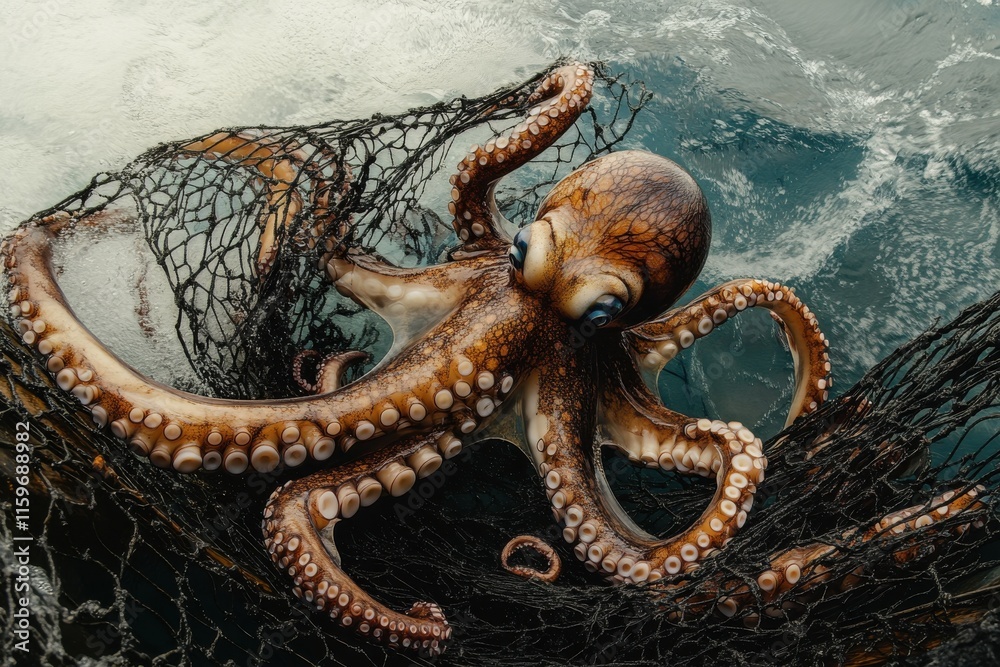 Fototapeta premium Octopus breaks free from net in dramatic ocean scene