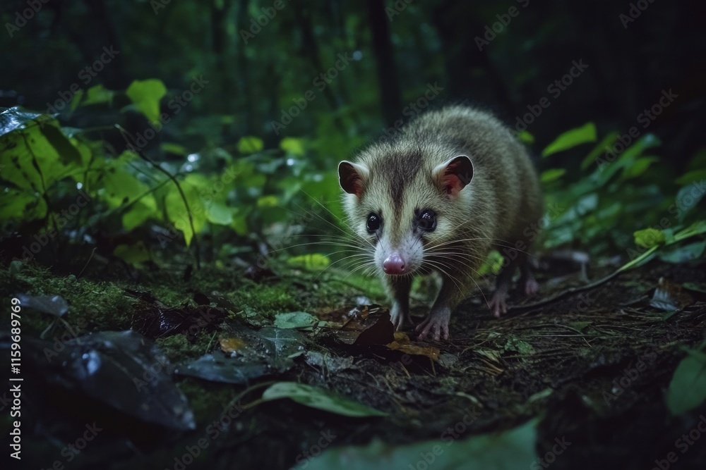 Nighttime forest scene with opossum moonlight lush foliage textures