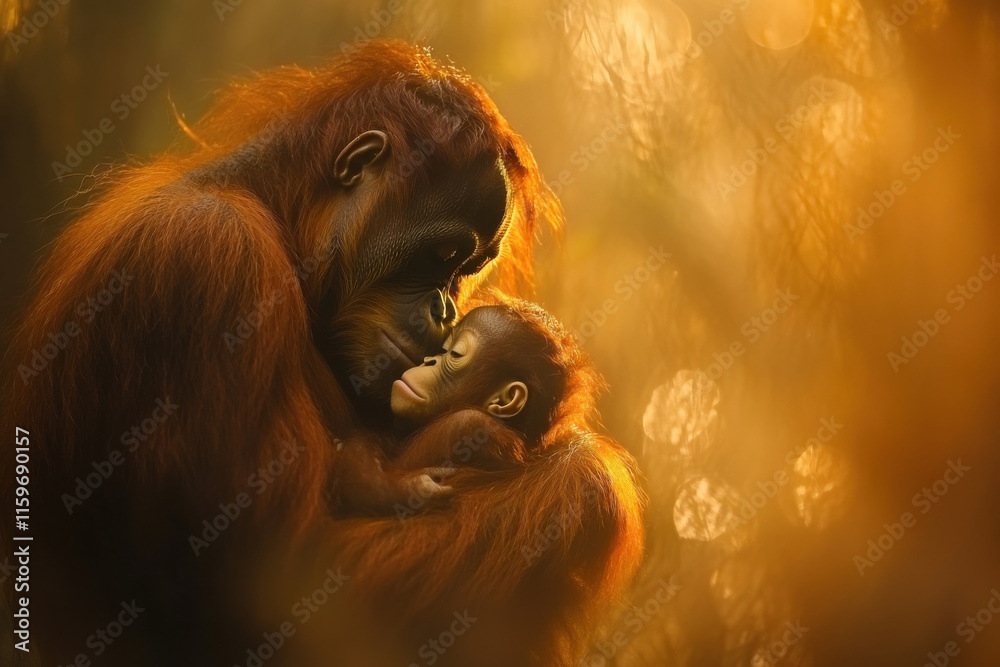 Fototapeta premium Orangutan mother cradles infant in rainforest portrait