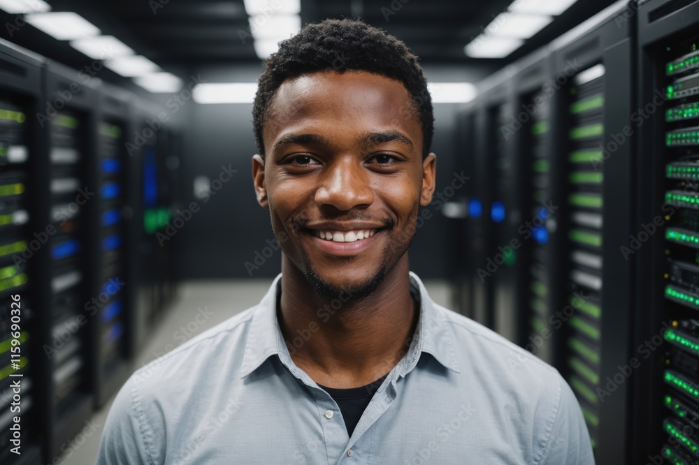 Fototapeta premium Close portrait of a smiling young South African male IT worker looking at the camera, against dark server room blurred background.