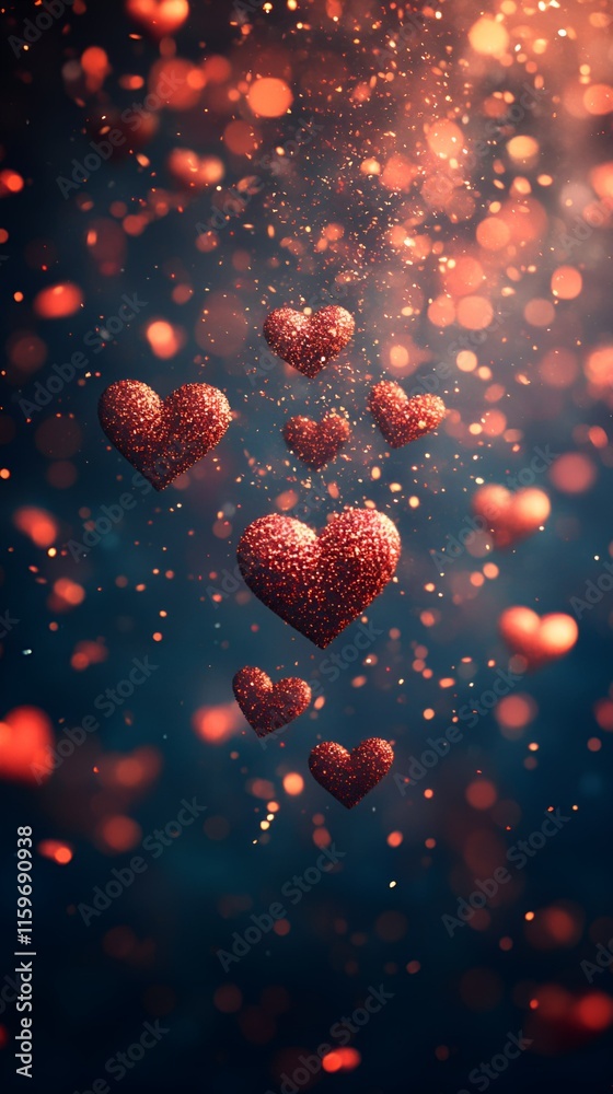 Floating red glitter hearts surrounded by sparkling particles on a dark background, creating a magical and romantic atmosphere.
