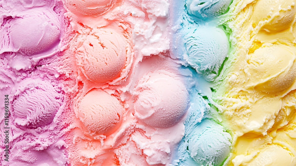 A vibrant display of colorful ice cream scoops, featuring shades of purple, pink, blue, green, and yellow, creating a rainbow effect.