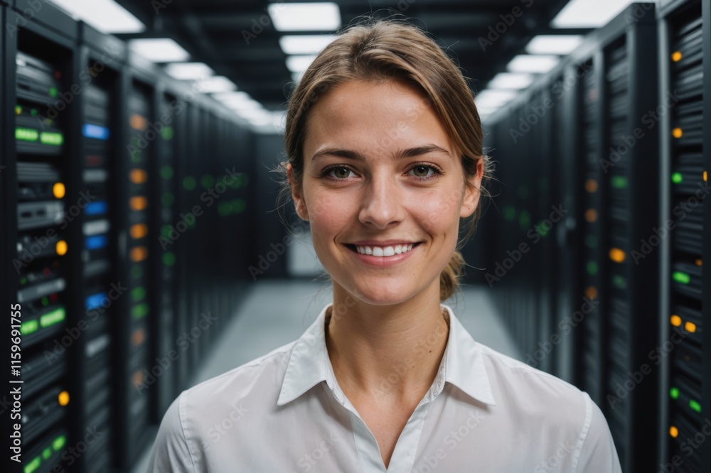 Fototapeta premium Close portrait of a smiling young Swiss female IT worker looking at the camera, against dark server room blurred background.