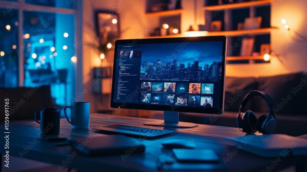 A laptop with a video streaming platform visible on the screen is standing on a desk. In the creative office at night, a table with a computer, a coffee mug, headphones, and a notebook. A laptop with a video streaming platform visible on the screen is standing on a desk. In the creative office at night, a table with a computer, a coffee mug, headphones, and a notebook.