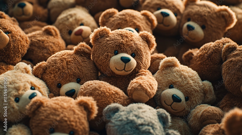 A close-up of an adorable brown teddy bear surrounded by others, evoking a warm and nostalgic feeling. A close-up of an adorable brown teddy bear surrounded by others, evoking a warm and nostalgic feeling.