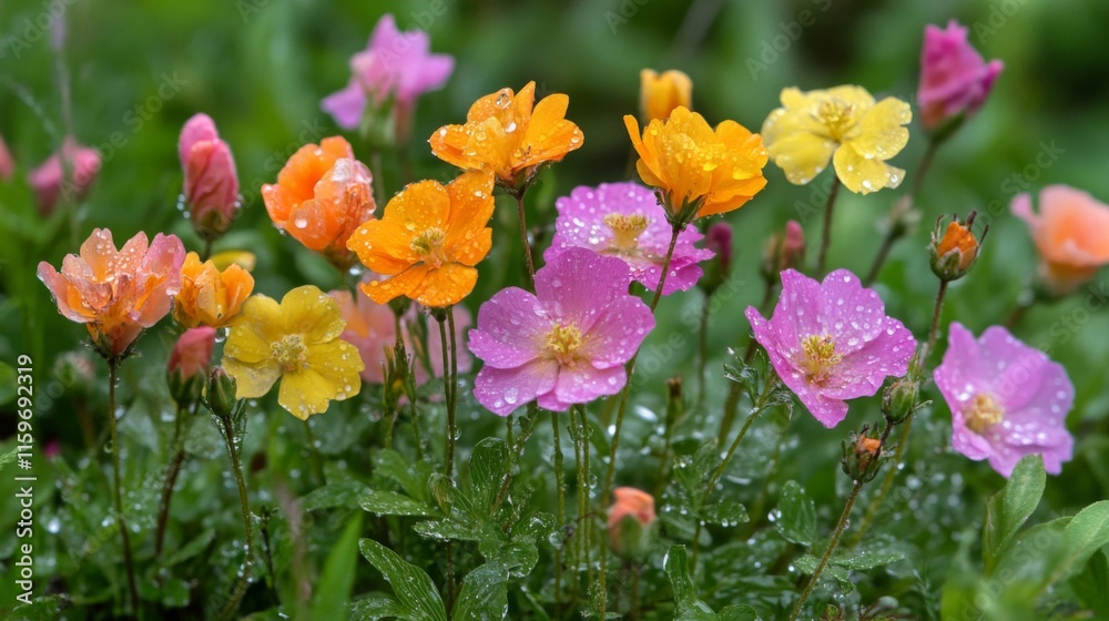 Fototapeta premium Rain Covered Flowers Blooming Beautifully In Garden