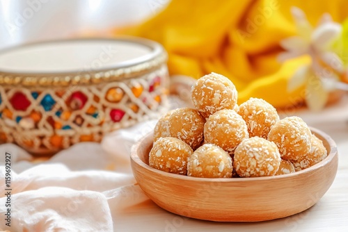 There is a plate of yellow and white biscuits on the table next to the decorative bowl. The balls are stacked high, and the table is covered with a white tablecloth. The concept of abundance and indul photo