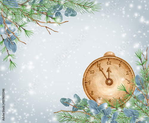 New Year background with retro clock and winter greenery, spruce, pine tree twig and eucalyptus branch against background of snowfall.  Christmas design for greeting or invitation.