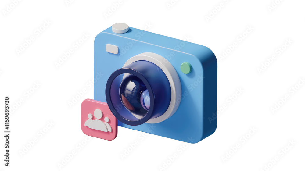 3D isometric illustration of a blue camera with a pink group icon, representing social media photography. background removed 3D isometric illustration of a blue camera with a pink group icon, representing social media photography. background removed