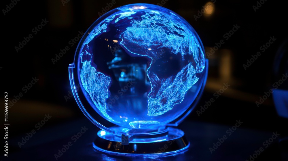 Illuminated glass globe with continents etched inside, on a dark background. Illuminated glass globe with continents etched inside, on a dark background.