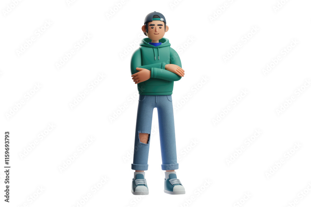 A 3D rendered cartoon boy with teal hoodie, ripped jeans, and a cap, standing with arms crossed. background removed A 3D rendered cartoon boy with teal hoodie, ripped jeans, and a cap, standing with arms crossed. background removed