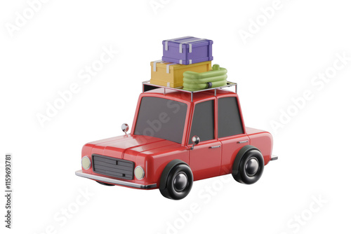 A red cartoon car is ready for a road trip, carrying luggage and a sleeping bag on its roof rack. background removed photo