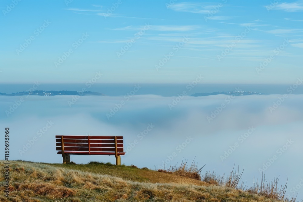 Serene view from a hillside bench overlooking fog-covered valleys and mountains during a misty morning Serene view from a hillside bench overlooking fog-covered valleys and mountains during a misty morning