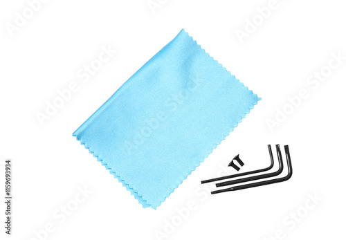 фотографія Blue microfiber cleaning cloth and three black hex keys with a small screw, isolated on white background