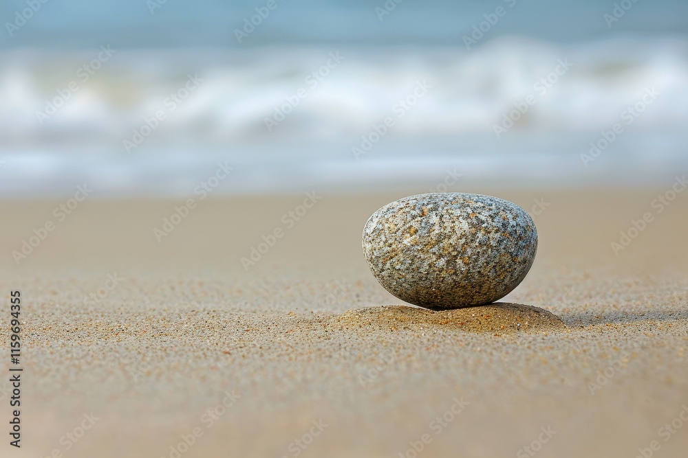 Smooth gray stone resting on sandy beach near gentle waves under soft light during early morning hours Smooth gray stone resting on sandy beach near gentle waves under soft light during early morning hours