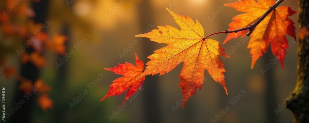 Amber and orange maple leaves adorn a single stem on a rustic tree branch , nature, color Amber and orange maple leaves adorn a single stem on a rustic tree branch , nature, color