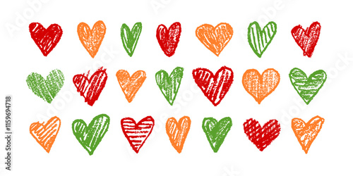 Set of red, yellow, green hearts, hand drawn with colored pencil with uneven edges, carelessly painted inside. Vector illustration for fabric design, wrapping paper.