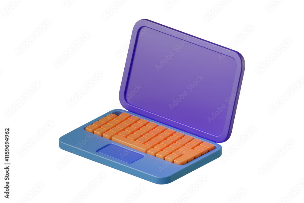 A vibrant 3D-rendered isometric laptop with an orange keyboard and purple screen. background removed A vibrant 3D-rendered isometric laptop with an orange keyboard and purple screen. background removed