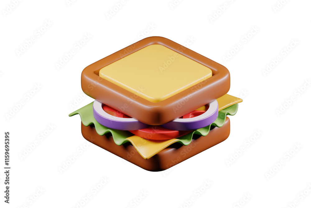 A 3D rendered image of a simple sandwich with cheese, tomato, onion, and lettuce. background removed A 3D rendered image of a simple sandwich with cheese, tomato, onion, and lettuce. background removed