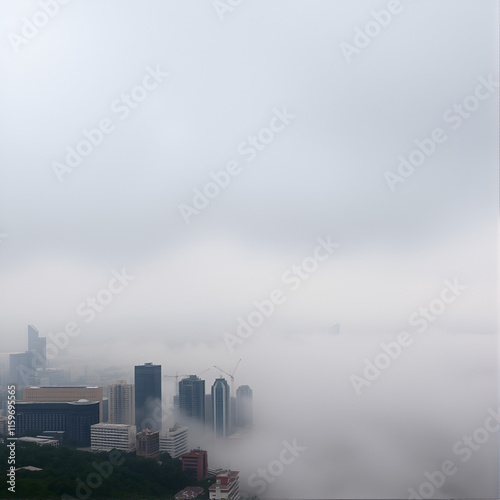 Thick dense smog hanging ominously over the skyline of a rapidly growing city illustrating the environmental consequences of unchecked industrial development and pollution photo