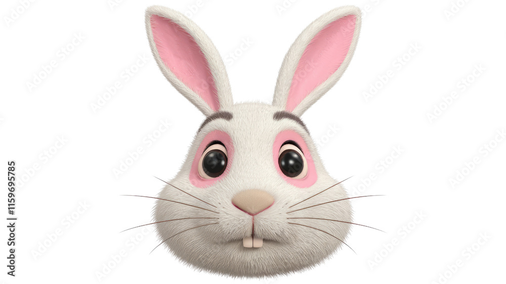 Fototapeta premium Adorable 3D rendering of a white rabbit's face with pink ears and cheeks. background removed